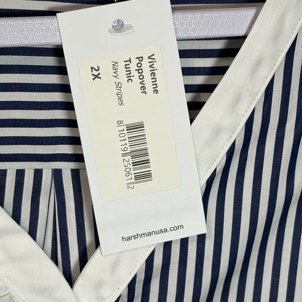 Harshman Vivienne Popover Tunic 2X Navy Stripe Cotton Ruffle Boho Coastal Preppy - Picture 7 of 11